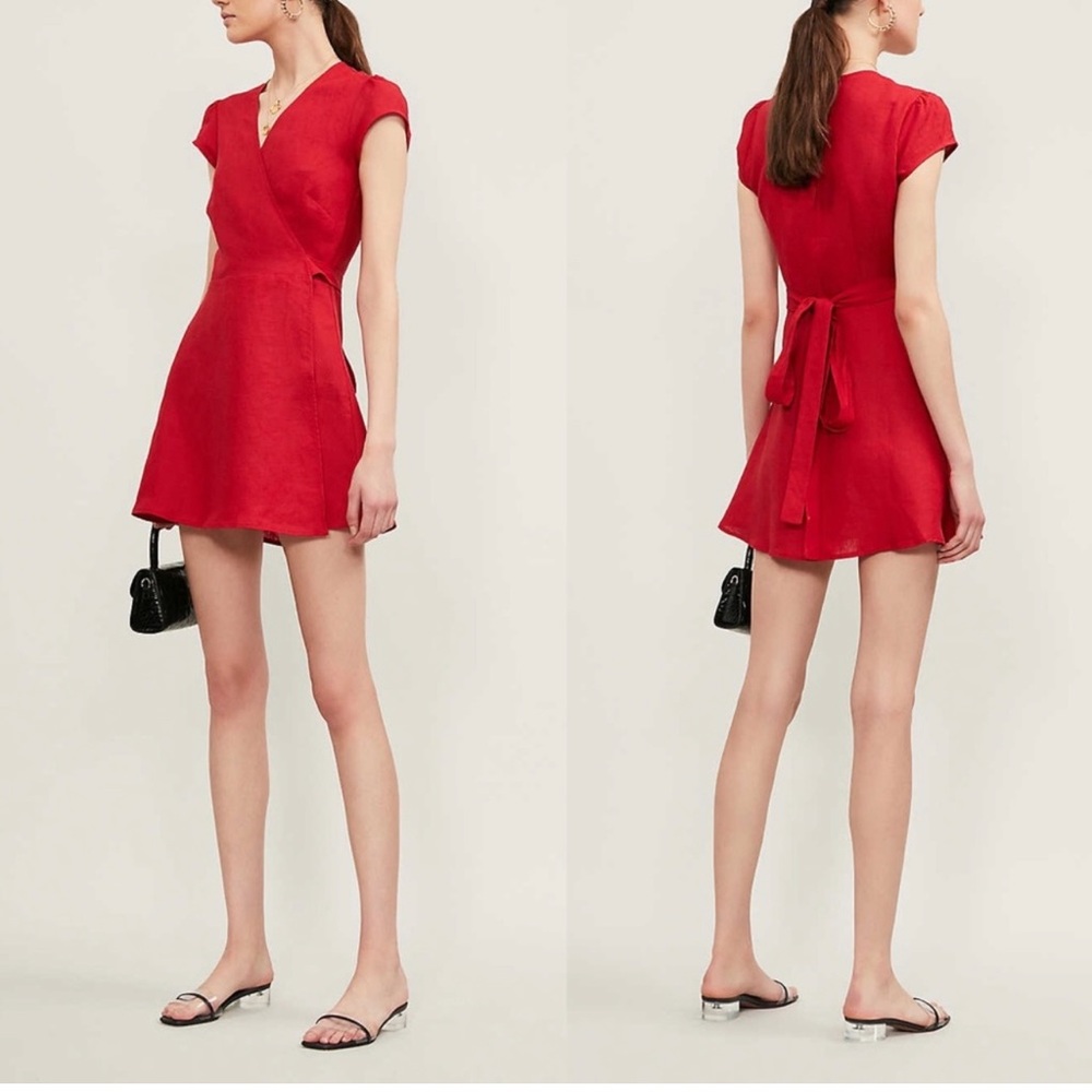 Reformation Red Rodin Wrap-over Linen Mini Dress